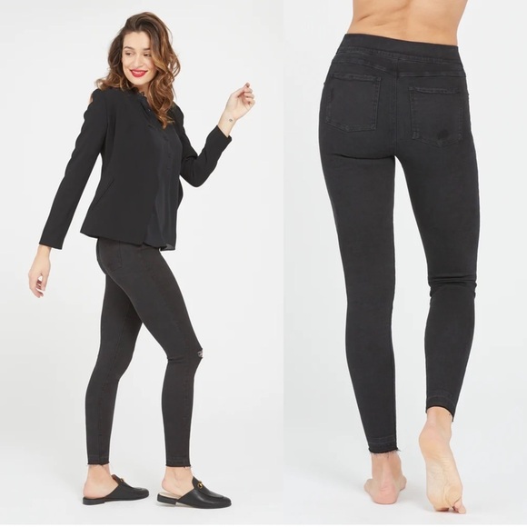 Spanx • Vintage Distressed Ankle Skinny Jeans black pull on raw hem jeggings - Picture 13 of 13